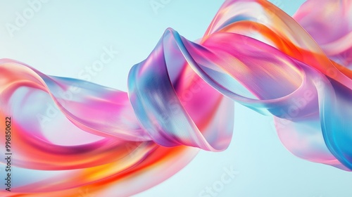 Colorful abstract ribbons in pink, blue, and orange twist and swirl against a light blue backdrop, creating fluid motion. No people.