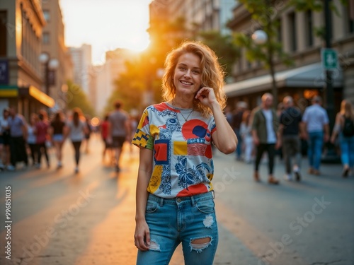 A cheerful woman strolls through a bustling city street during golden hour, radiating positive energy and capturing the beauty of urban life at sunset. photo