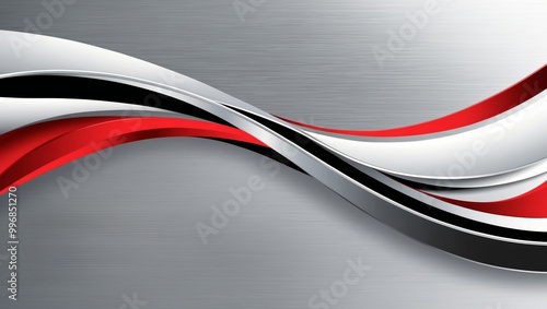 Curved abstract waves with silver, black, and red tones
