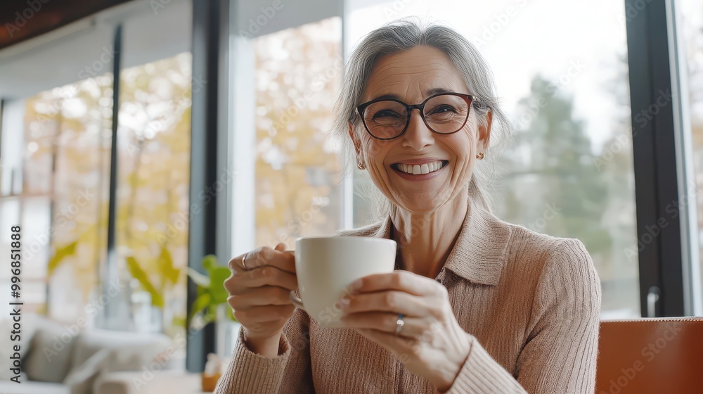 Smiling Woman Enjoying Coffee in Cozy Cafe Smiling Woman Enjoying Coffee in Cozy Cafe