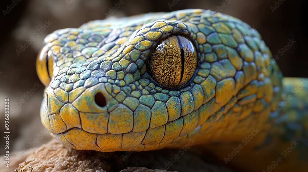 Close-Up of a Green Snake with Yellow Eyes Close-Up of a Green Snake with Yellow Eyes