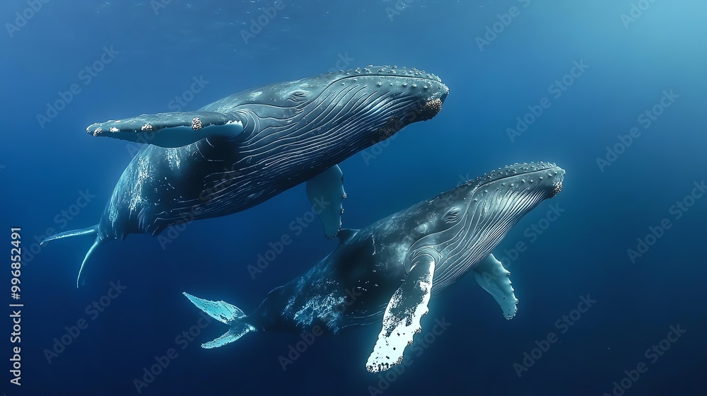 Graceful humpback whales swimming together in the deep blue ocean, showcasing their beauty and majesty underwater. Graceful humpback whales swimming together in the deep blue ocean, showcasing their beauty and majesty underwater.