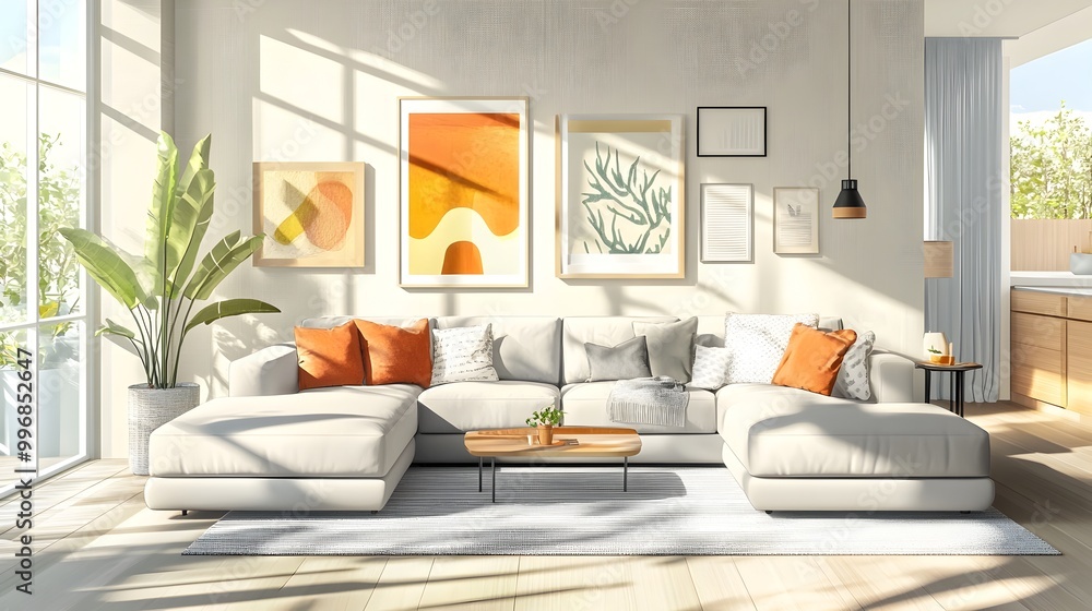 Peaceful and Tranquil Contemporary Living Room with a Generously Sized Sectional Sofa and a Curated Collection of Modern Decor the Pops of Vibrant Color Adding Vibrancy and Visual Interest Peaceful and Tranquil Contemporary Living Room with a Generously Sized Sectional Sofa and a Curated Collection of Modern Decor the Pops of Vibrant Color Adding Vibrancy and Visual Interest