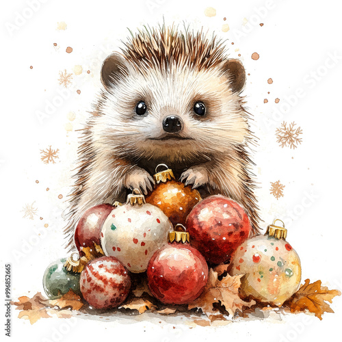 Hedgehog Holiday Cheer: A charming watercolor illustration of a cute hedgehog surrounded by colorful Christmas ornaments, evoking a sense of warmth and festive spirit.