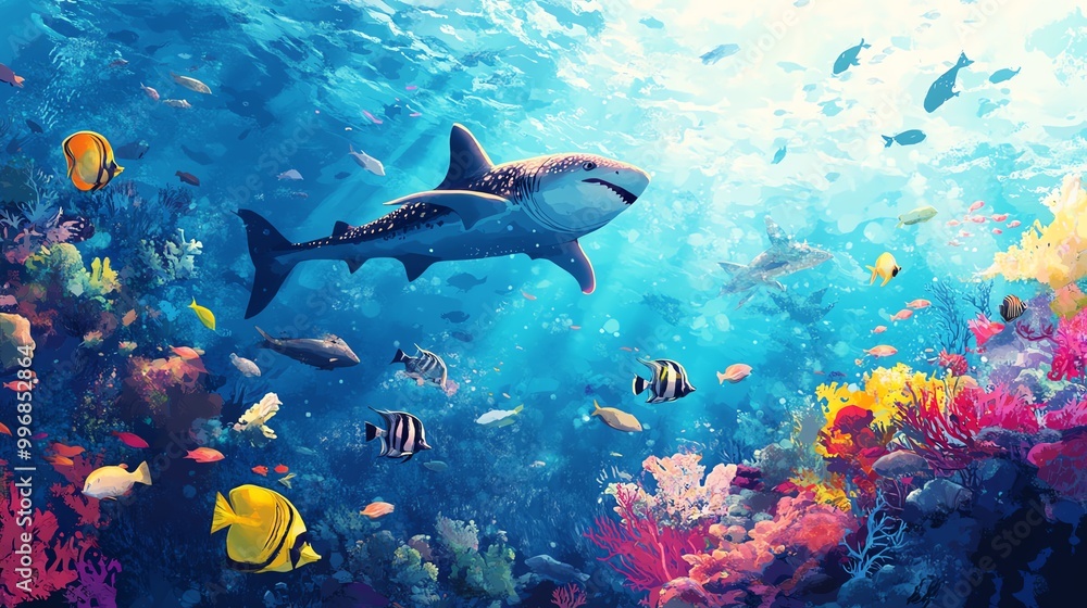 Fototapeta premium Majestic shark swims through vibrant coral reef, surrounded by colorful fish in an underwater paradise, showcasing marine biodiversity.