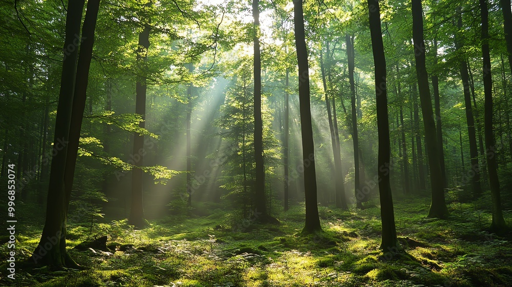 Obraz premium Serene forest scene bathed in sunlight, with tall trees and vibrant green foliage creating a tranquil, nature-filled atmosphere.
