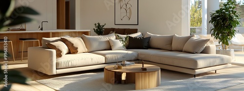 Refined and contemporary living area featuring a plush L shaped sectional couch and minimalist furnishings