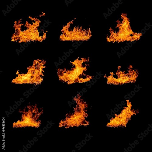 Dynamic fire flames in various shapes, ideal for backgrounds, design projects, and visual storytelling.