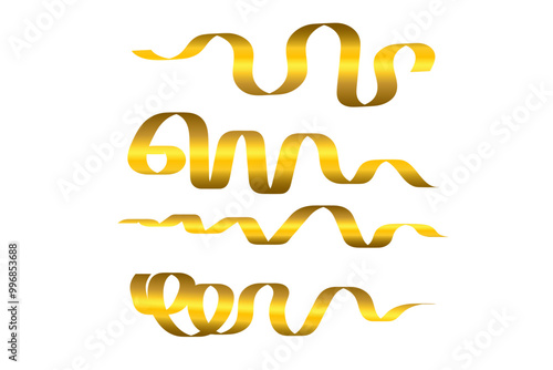 Set Of Gold Curly Ribbons Isolated On White Background. Decoration. Vector Illustration