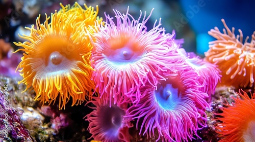 Vibrant and colorful sea anemones in a marine environment, showcasing their unique shapes and textures in an underwater scene.