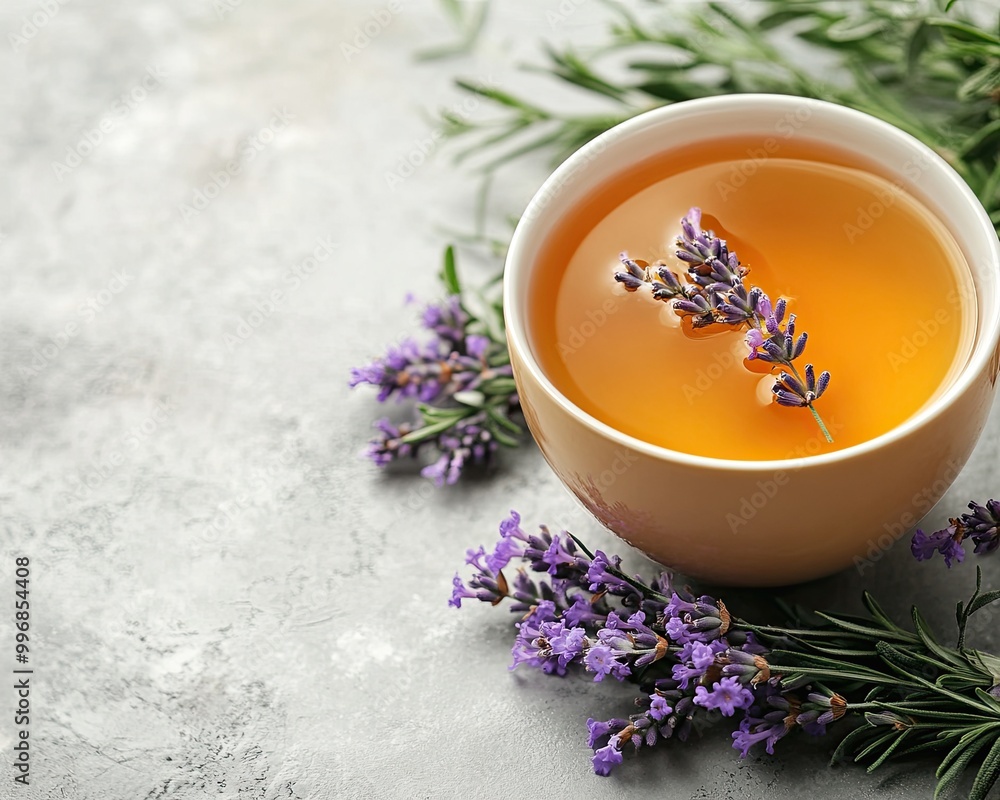 A cup of tea with a lavender flower in it A cup of tea with a lavender flower in it