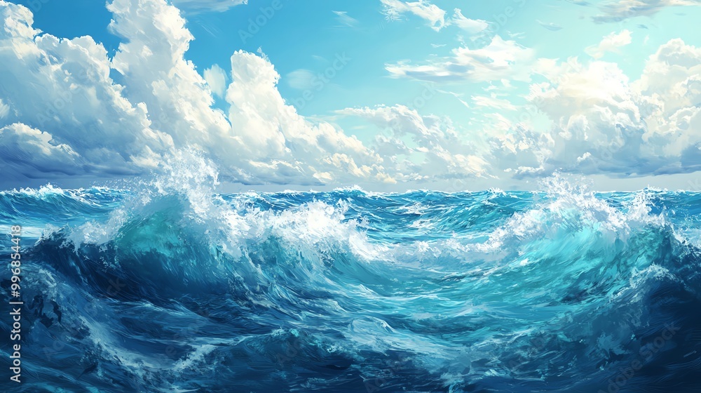Vibrant ocean waves crashing under a clear blue sky with fluffy clouds, creating a serene and dynamic seascape. Vibrant ocean waves crashing under a clear blue sky with fluffy clouds, creating a serene and dynamic seascape.