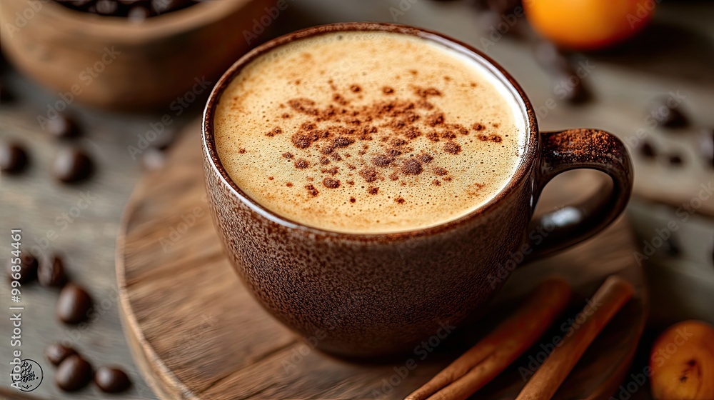 Obraz premium A cup of coffee with cinnamon on top sits on a wooden table