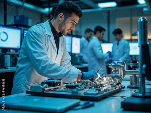 A dedicated scientist, wearing a white lab coat and blue gloves, works meticulously on intricate electronics in an advanced and well-equipped research laboratory, with colleagues in the background. photo