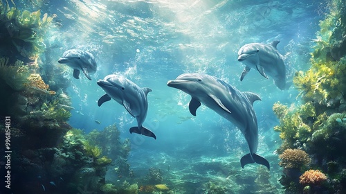 Playful pod of dolphins swimming and frolicking in the serene azure waters of the tropical underwater ocean environment Captivating marine wildlife scene with a peaceful natural vibe