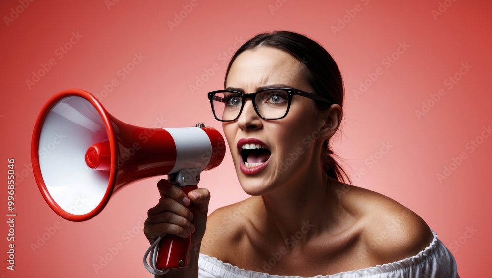 Naklejka premium Woman shouting into megaphone with red background
