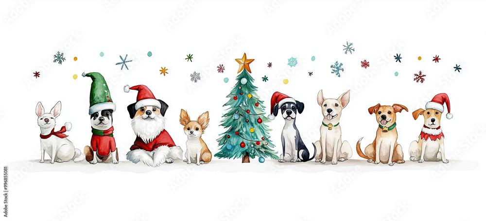 Festliche Hunde und Weihnachtsbaum mit Schneeflocken - Illustration im Bannerformat