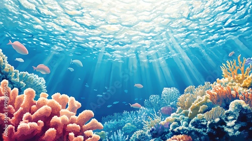 Vibrant underwater scene showcasing colorful coral reefs and diverse fish swimming beneath sunlit water. photo