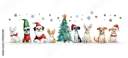 Obraz na płótnie Festliche Hunde und Weihnachtsbaum mit Schneeflocken - Illustration im Bannerformat w salonie