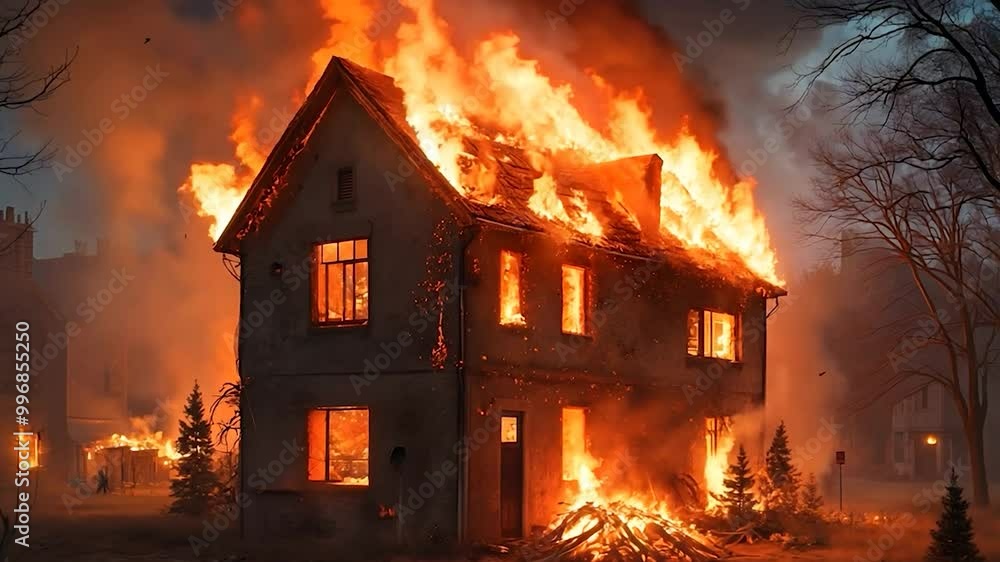 House engulfed in flames during a night fire House engulfed in flames during a night fire