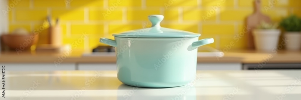 A stylish turquoise pot on a modern kitchen countertop, perfect for culinary, home decor, or cooking-related projects. A stylish turquoise pot on a modern kitchen countertop, perfect for culinary, home decor, or cooking-related projects.