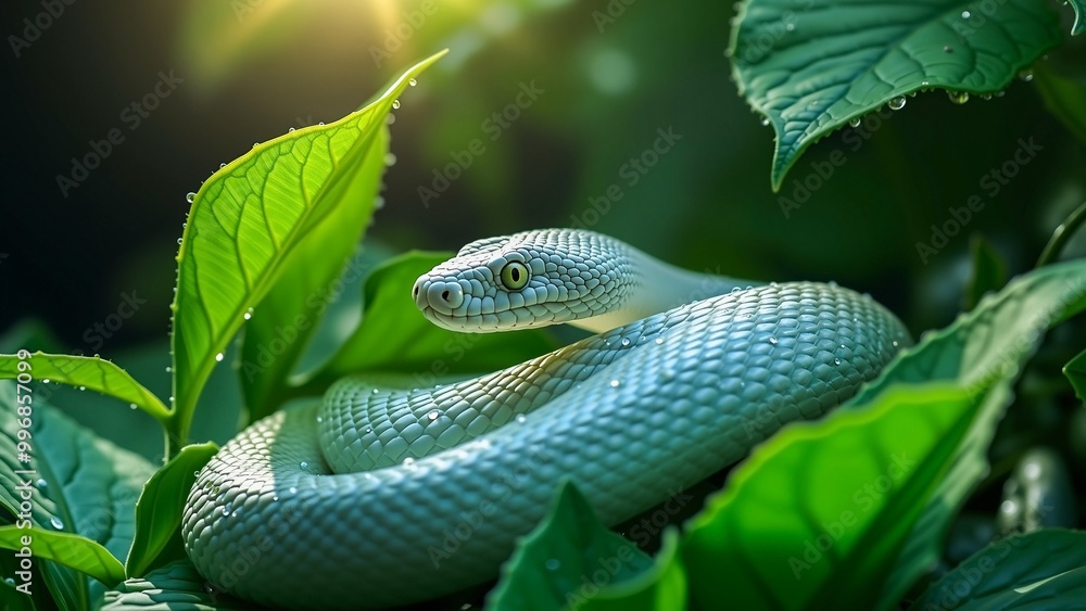 Obraz premium Emerald Serpent in Verdant Embrace, A vibrant green snake coils among glistening leaves, its head emerging with curious eyes. The image evokes a sense of tranquility and harmony within nature.