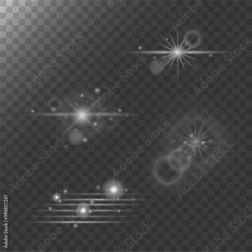 Set of highlights. Flashes of rays of light. The effect of glow, radiance, shine. Collection of various glowing sparks, stars. Vector illustration on a transparent background.