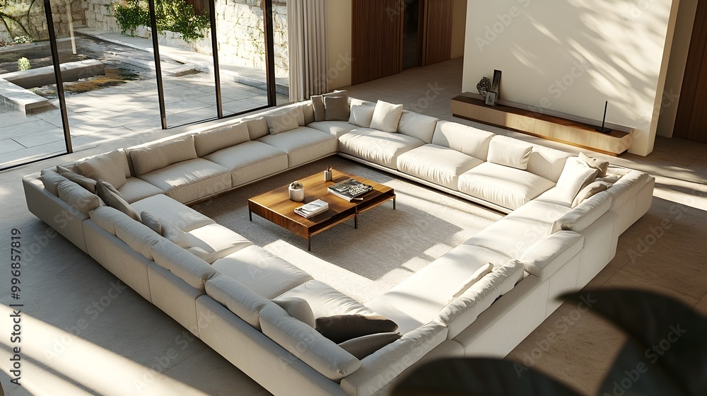 Relaxing and Stylish Contemporary Living Space with a Large U Shaped Sectional Couch and Refined Minimalist Furnishings Relaxing and Stylish Contemporary Living Space with a Large U Shaped Sectional Couch and Refined Minimalist Furnishings