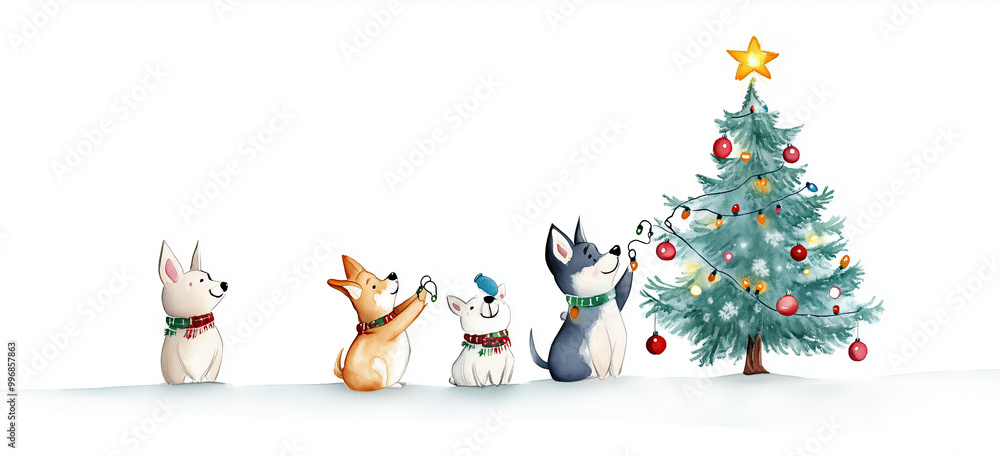 Weihnachtlich dekorierende Hunde am Weihnachtsbaum – Lustige Illustration im Bannerformat und Textfreiraum