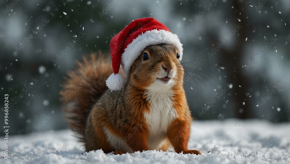 Cheerful squirrel in a Santa hat and red scarf poses in the snow. Cheerful squirrel in a Santa hat and red scarf poses in the snow.