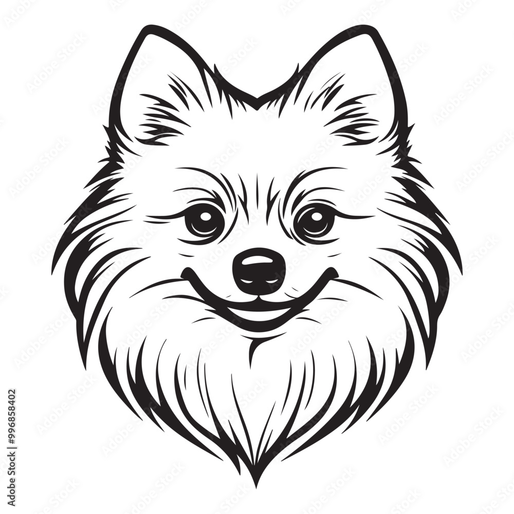 Obraz premium Pomeranian Face, Pomeranian dog breed Cute cartoon vector clipart Design, Silhouettes Dog Face, black and white Pomeranian vector