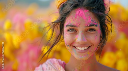 portrait of a happy woman in traditional costume dancing and throwing colored powder. Holi celebration in a lively city . Realistic style. Bright, saturated colors. photo