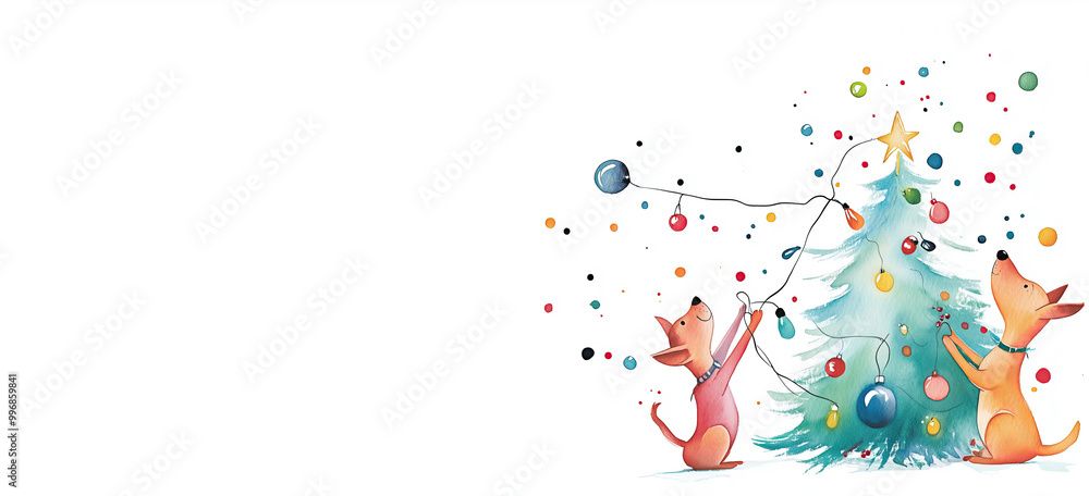 Hunde dekorieren Weihnachtsbaum mit Lichterkette – Festliche Illustration im Bannerformat und Textfreiraum