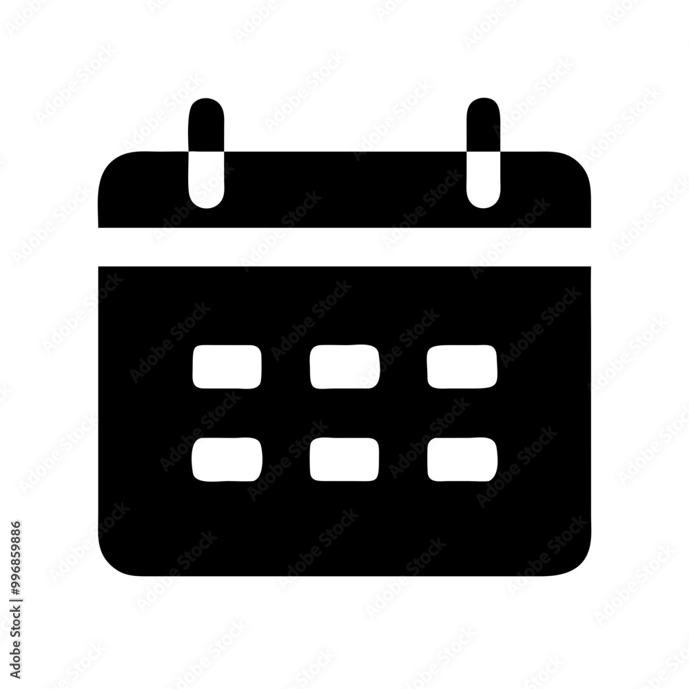 Solid black calendar icon representing planning and scheduling in a simple design
Solid black calendar icon representing planning and scheduling in a simple design