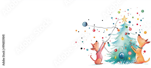 Obraz na płótnie Hunde dekorieren Weihnachtsbaum mit Lichterkette – Festliche Illustration im Bannerformat und Textfreiraum w salonie