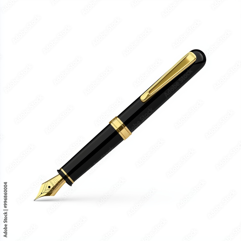 A classic fountain pen with a golden nib, placed diagonally on a white background A classic fountain pen with a golden nib, placed diagonally on a white background