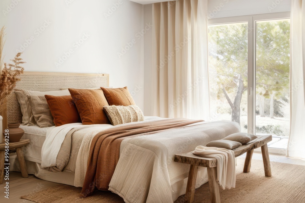 Fototapeta premium Bright, modern bedroom with natural elements, soft textiles, large windows, Minimalism, Warm tones, Interior design, Calm and inviting