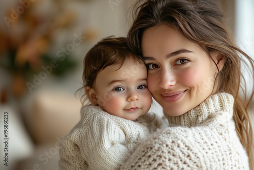 A happy young mother holding her newborn baby