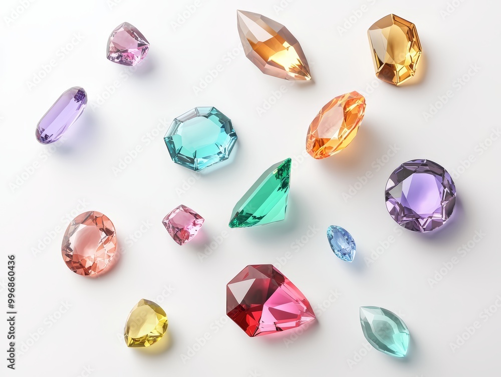 Fototapeta premium A collection of colorful gemstones, scattered on a white background