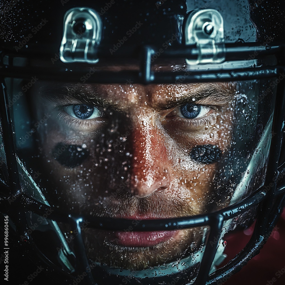Grit and Dedication: Close-Up of Determined Football Player in Helmet with Sweat, Focused Eyes on Play Ahead Grit and Dedication: Close-Up of Determined Football Player in Helmet with Sweat, Focused Eyes on Play Ahead