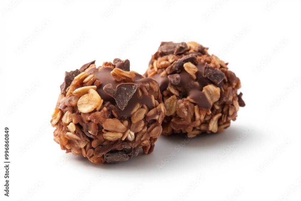 Two oat energy balls with chocolate chips and cocoa drizzle, placed on a clean white surface Two oat energy balls with chocolate chips and cocoa drizzle, placed on a clean white surface