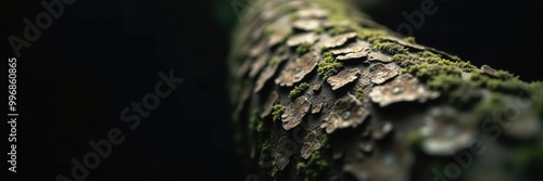 Close-up of a moss-covered tree branch, showcasing intricate bark details. Perfect for nature, conservation, and environmental themes.