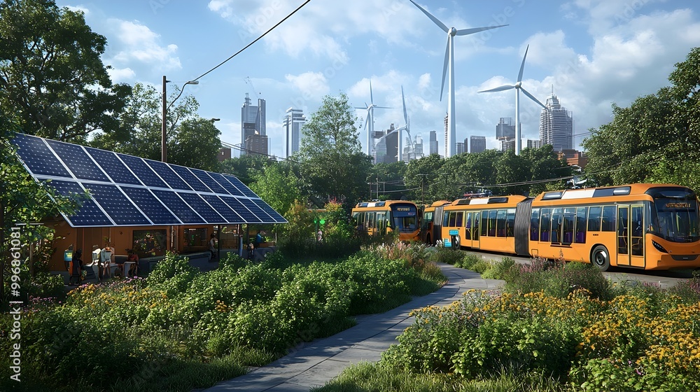 Naklejka premium Renewable Energy Initiatives Powering Sustainable Urban Revitalization and Community Empowerment Solar Powered Community Centers Wind Farms Electric Autonomous Buses