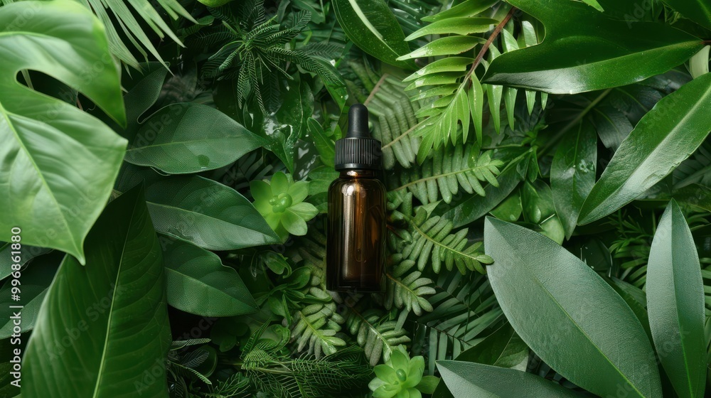 Essential oil bottle surrounded by natural leaves, organic skincare setup, Flat lay, Earthy greens, Minimalism, Soft focus on product Essential oil bottle surrounded by natural leaves, organic skincare setup, Flat lay, Earthy greens, Minimalism, Soft focus on product