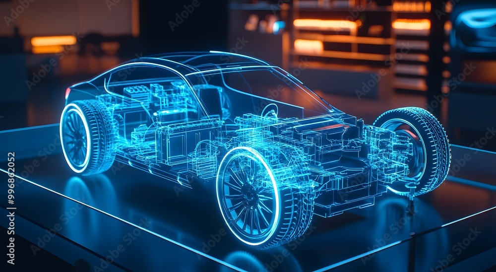 Naklejka premium A holographic representation of an electric vehicle's battery and motor, with visible wires connecting to the car body, set against a backdrop of blue neon lights.