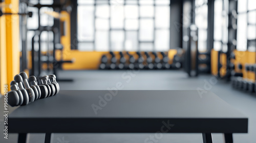 Black tabletop in the gym with barbells and dumbbells. Empty countertop mockup for sports nutrition product presentation. photo