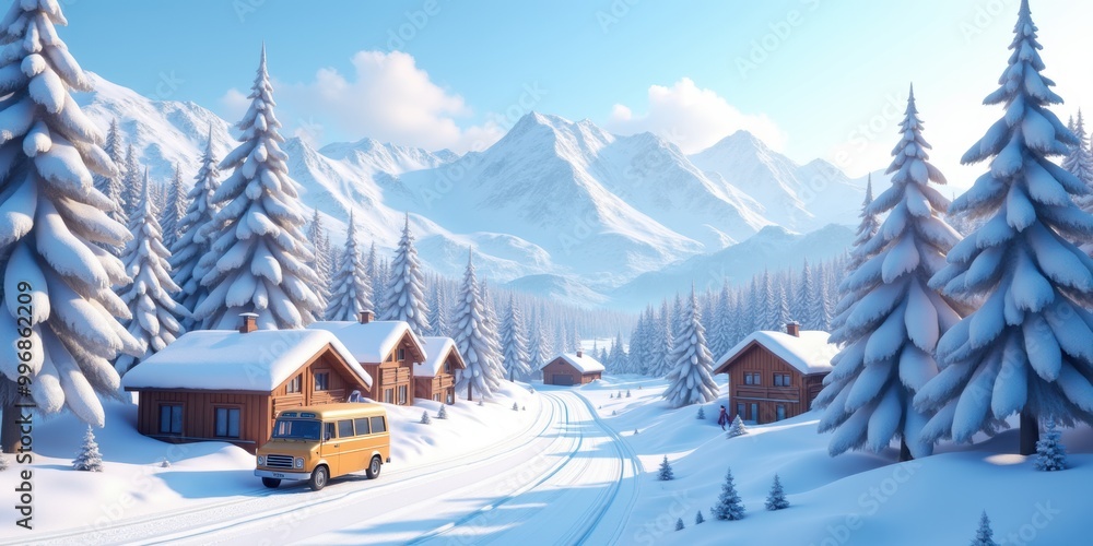 Fototapeta premium A picturesque winter landscape featuring snow-covered mountains, cozy wooden cabins, and a serene blue sky, perfect for travel, holiday themes, or seasonal marketing.