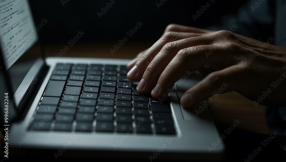 Close-up of a man's hand typing on a laptop in a dim light. Close-up of a man's hand typing on a laptop in a dim light.