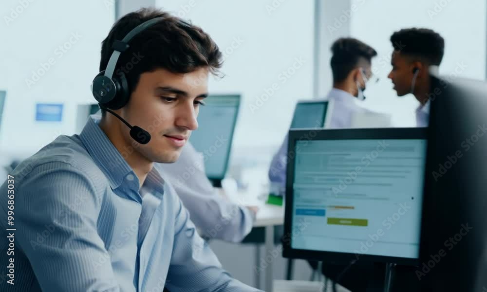 Wearing a headset and working at a computer young man working in customer service.Wearing a headset and working at a computer young man working in customer service. Wearing a headset and working at a computer young man working in customer service.Wearing a headset and working at a computer young man working in customer service.