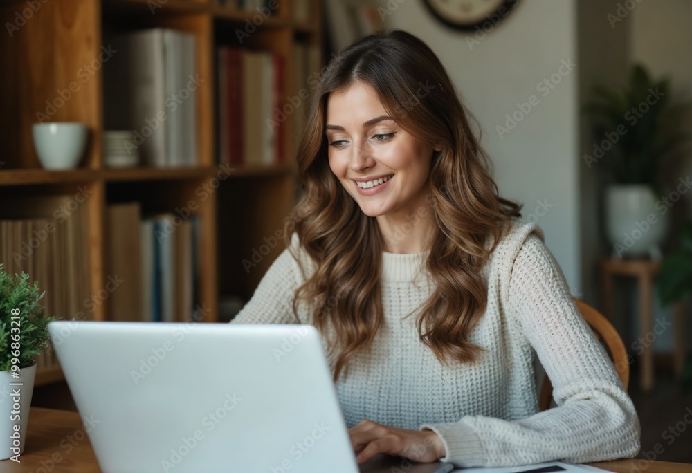A woman sits in a cozy home office, smiling while working on her laptop, surrounded by bookshelves, embodying the modern remote work culture and happiness in productivity. A woman sits in a cozy home office, smiling while working on her laptop, surrounded by bookshelves, embodying the modern remote work culture and happiness in productivity.